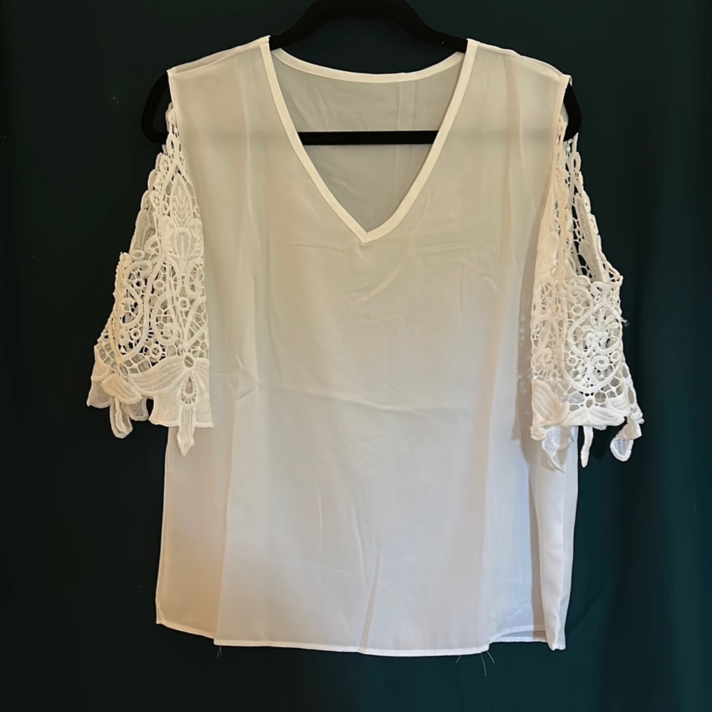 White Lace Sleeve Cold Shoulder Women's Top